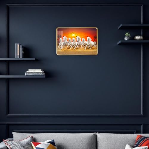 Image of 7 Running Horses Photo Frame, Ultra High Gloss Lamination, Vastu Painting for Living Room, Office, 12x18 Inch (Design 24)