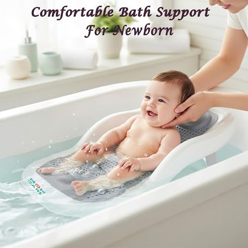 Image of MOM CARE Foldable Baby Bath Support Seat for Newborn (0-6 Months) | Anti-Slip Silicone Baby Bather | Ergonomic Infant Bath Seat for Sink, Tub & Floor | Portable Newborn Bath Support Chair | Grey