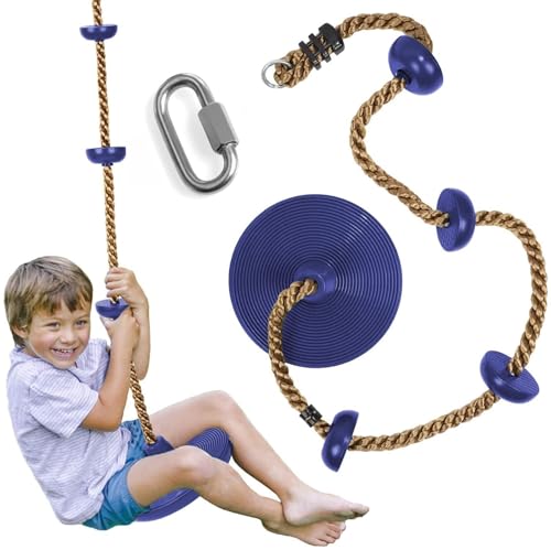 Tree Swing for Kids - Single Disc Seat Outdoor & Rainbow Climbing Rope with Platforms & Carabiner, Playground Accessories – Blue Color with Disc