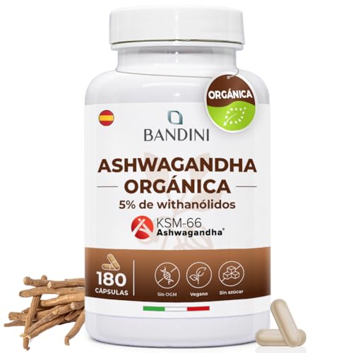 Ashwagandha Orgánica KSM-66® Extra Fuerte - 180 Cápsulas para 6 meses - Withania Somnifera organica en polvo con 5% de witanólidos - 100% Vegano y BIO - 500mg por día (1 cápsula) - Contra el estrés