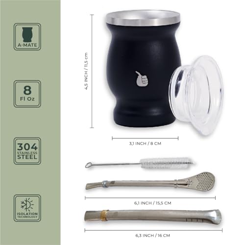 Image of MyGaucho Yerba Mate Cup Gourd Set, 8oz, 2 Bombillas & Spill-Prev Lid | Stainless Steel Mate Cup, BPA-free lid & cleaning brush, comfortable sipping, and simple cleanup at home, work, or on the go