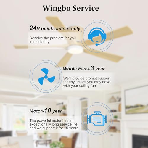 WINGBO Ceiling Fan with Lights - 54 inch Solid Wood Flush Mount Ceiling Fan with Remote,3CCT, Dimmable LED,5 Blades, 6-Speed Noiseless Powerful DC Motor, ETL Listed (White+Light Wood) by WINGBO - Used condition - Image 8