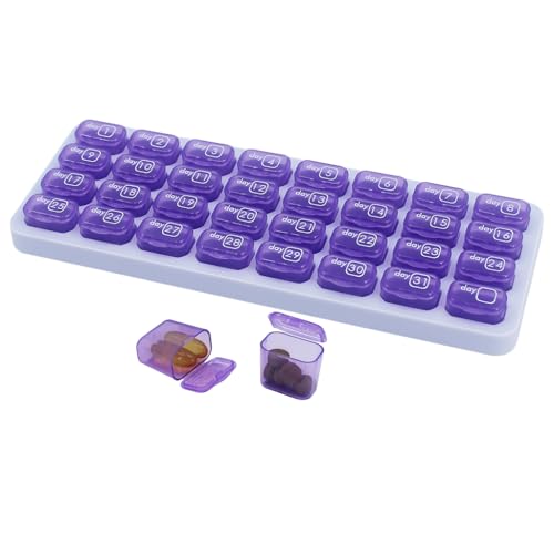 Monthly Pill Organizer, Large Travel Pill Box 31 Day, Daily Pill Case, Pill Holder Container for Vitamin, Medicine, Supplement, Fish Oil, Purple