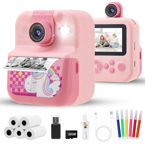 Câmera Infantil, Impressora Instantânea de Sem Tinta, Lente Pode Ser Virada, Selfie, com Flash, 32GB Cartão, Vídeo HD, Brinquedos Meninas Meninos com Crianças de 3 a 14 Anos (Rosa）