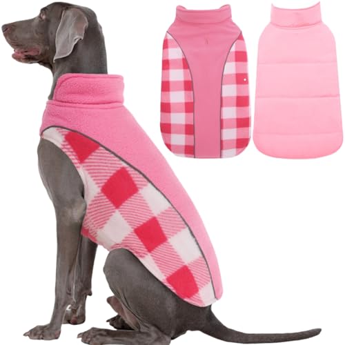 Kuoser Dog Winter Coat, Reversible Waterproof Dog Jacket with Leash Hole, Warm Dogs Fleece Vest Adjustable Doggy Cold Weather Clothes Plaid Christmas Outfit Pet Apparel for Extra Large Dogs,