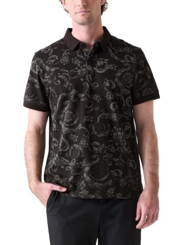 GUESS Mens Short Sleeve Baroque Print Polo, Baroque Border Placement Jet Black, Large