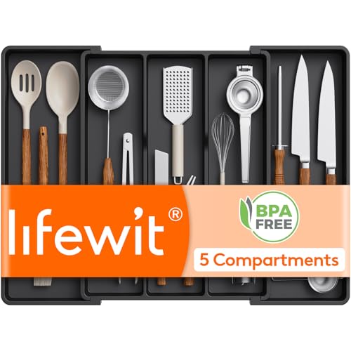 Lifewit Utensil Organizer for Kitchen Drawers, Expandable Cooking Utensil Tray, Adjustable Cutlery Silverware Flatware Holder, Plastic Spatula Tools Storage Divider, 16- 28 x 18.5", Black
