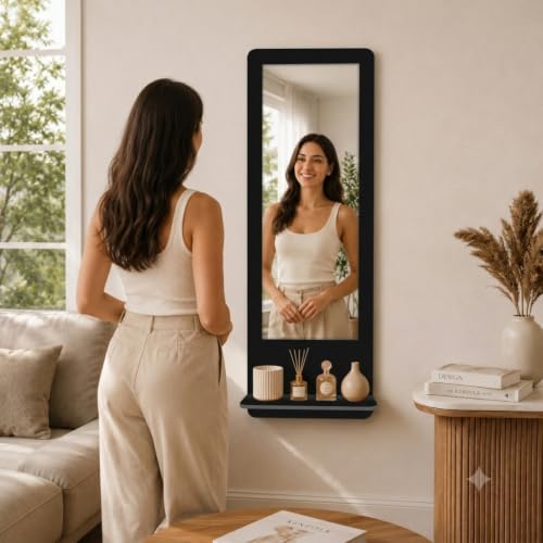 Image of Creative Arts n Frames Full Length 15x47 inch Long Wall Mount HD Mirror with Shelf for Bedroom Bathroom Living Room Home Office Decor (15x47 inch Framed Mirror with Shelf Rectangular Classic Black)