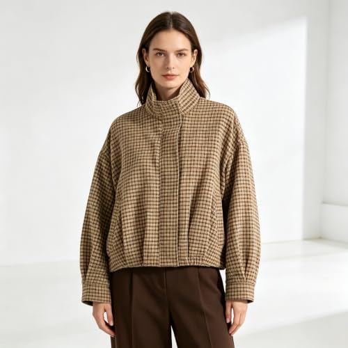 Plaid Bomber Jacket Women Oversized Cropped Funnel Neck Gingham Jacket - image 2