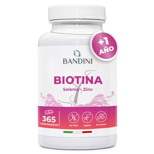 Bandini® Biotina, con Selenio y Zinc - 365 Comprimidos Veganas (Suministro para +1 año) - Vitaminas para el cabello y la piel - Complejo de Vitamina B7 para Mujer y Hombre - Sin aditivos, 100% Vegano