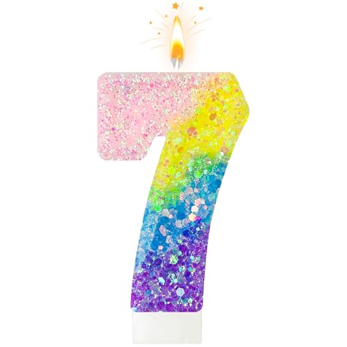 Zailo Birthday Candles Pastel Macaron Glitter 3D Rainbow Number Candles for Birthday Cake Girls Women Sweet Theme Birthday Wedding Anniversary Party Cake Decoration (Number 7)