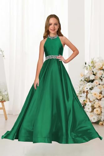 Flower Girls Satin Rhinestone Pageant Dresses Princess A Line Halter Birthday Formal Party Communion Gowns for Teens3