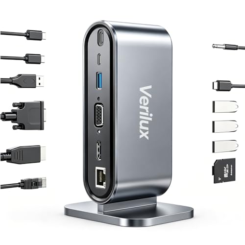 Image of Verilux 12-in-1 USB-C Docking Station with 4K HDMI and 100W PD for Laptop | Dual Display Support, 10Gbps Data Transfer, RJ45 Networking, SD and TF Card Access, HDMI and VGA Output
