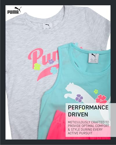 Image of PUMA Girls' Active Shorts Set - 3 Piece Performance T-Shirt, Tank Top, Bike Shorts - Summer Athletic Outfit for Girls (7-14)