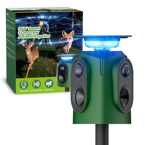 PEXPEL 360° Solar Ultrasonic Animal Repeller Outdoor, Motion Activated Deer Repellent Devices with...