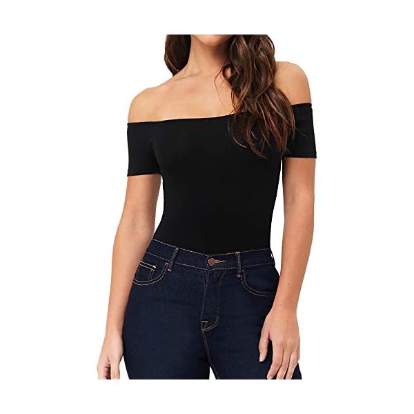 MANGOPOP-Womens-Off-Shoulder-Short-Sleeve-Long-Sleeve-Tops-T-Shirt-Bodysuit-Jumpsuit MANGOPOP Off The Shoulder Short Sleeve Bodysuit for Women