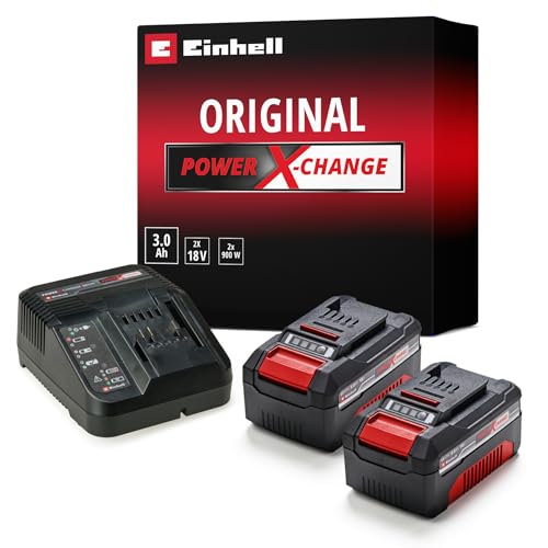 Original Einhell Starter Kit Ladegerät Power X-Change (Li-Ion, 18 V, 60 min Ladezeit, passend für alle Power X-Change Geräte), 2x3,0 Ah Akku / 900 Watt