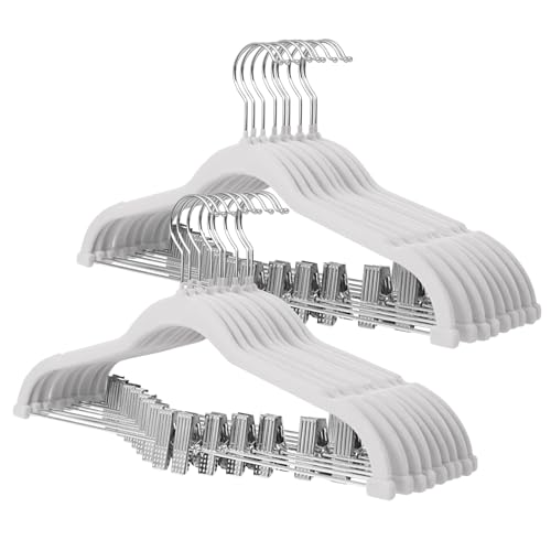 ManGotree Hosenbügel mit beweglichen Klammern, rutschfeste Samtkleiderbügel, platzsparende Rockbügel für Hemden, Hosen, Kleider, Röcke, Mäntel (18 Pack, Weiß)
