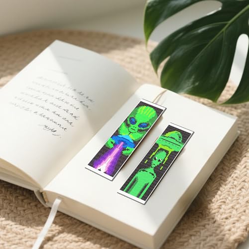 Image of FREEBLOSS 6 Set Cross Stitch Bookmark Kits Alien Pattern Stamped Cross Stitch Kit 11CT Embroidery Kit with Instructions for Beginners 20x6cm /8x2.4inch