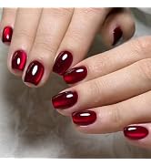 Dark Red Press on Nails Short Square Fake Nails Glossy False Nails Press ons with Designs Bling A...