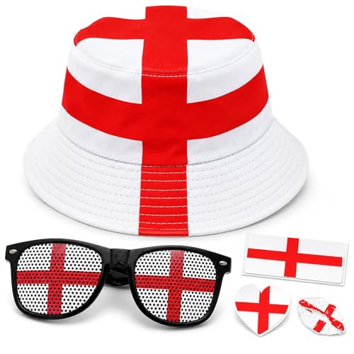 SJAUBKJOG England Accessories Fan Set for Major Football Event 2026 - St Georges Cross Bucket Hat Flag Sunglasses & Temporary Tattoos - Patriotic England Cap Kit for Men Women Match Day Party Red