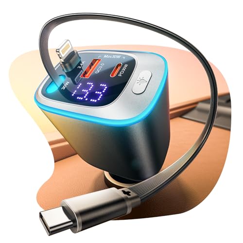 Rolgno Retrattile Caricatore Auto, [4 Porte Ricarica Rapida] 72W Presa Accendisigari USB C Auto, PD30W & QC3.0 Carica Batteria per Auto Cellulare, [Cavi Doppia da 65cm] USB Auto per iPhone/Galaxy/iPad