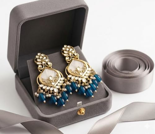 Image of Traditional 20K Gold Plated Kundan Chandbali Earrings with Black Beads and Faux Pearls for Women - Ethnic Wedding & Partyy Wear Statement Jewelry