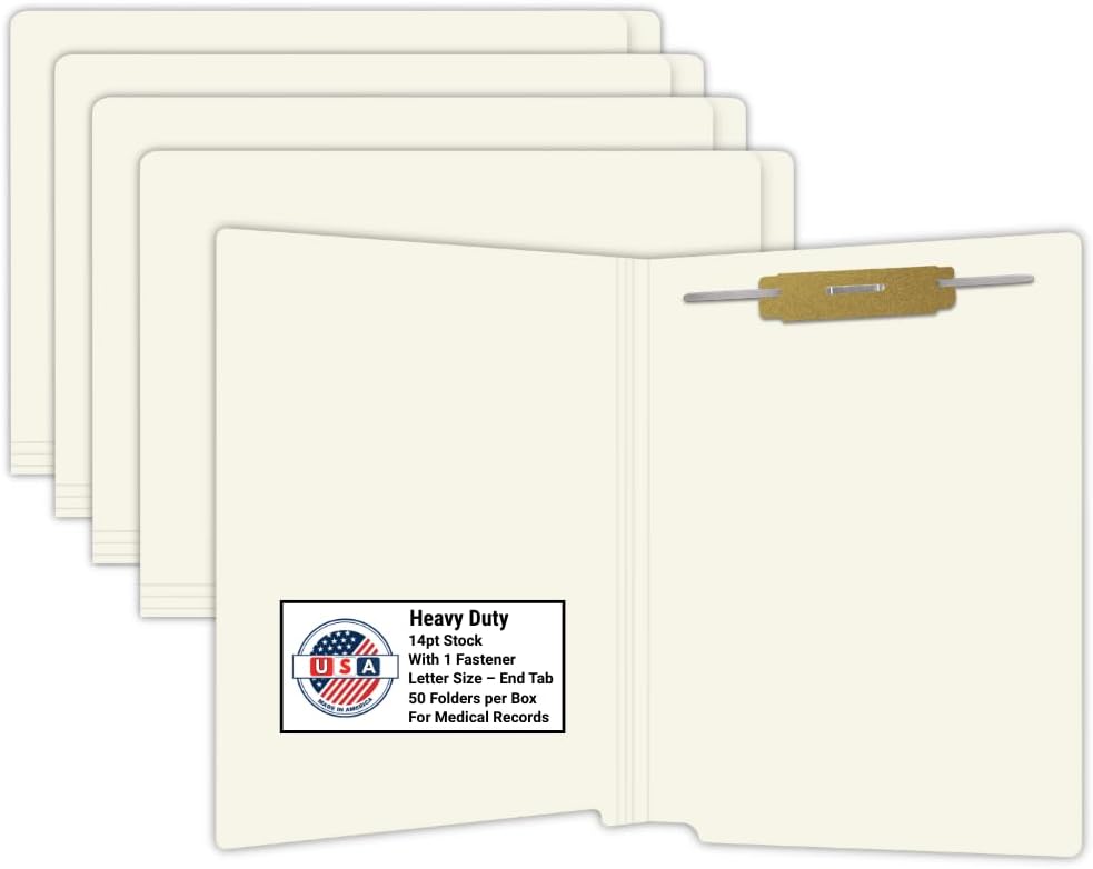 End Tab Folders for Patient Files, Doctor Stuff, Heavy Duty 14pt Reinforced Letter Size for Medical Practice Management, White with 2" Fastener in Position 1, USA Made Box of 50