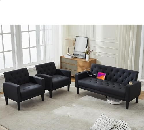 Black Faux Leather 3-Piece Loveseat Set, Small Sofa Couch for Living Room