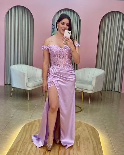 Women's Lace Applique Satin Prom Dresses 2025 Long with Slit Mermaid Off Shoulder Luxury Formal Evening Party Gown2