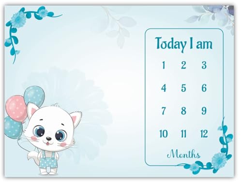Image of Baby Monthly Milestone Blanket | 1-12 Months | Soft All-Season AC Blanket | Ideal for Newborn Boys & Girls | Perfect Growth Tracker & Photoshoot Prop with Balloon Kitty | 120x90 cm