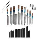 Rexhan 9 Piece 67 Layer Damascus Steel Knife Set, Kitchen Knife Set, Chef Knives, Cooking Knife Gift Set, Japanese Professional Knife, VG10 Damascus, 60+2HRC, 2 Finger Guards, 2 Sharpeners, 9 Sheaths