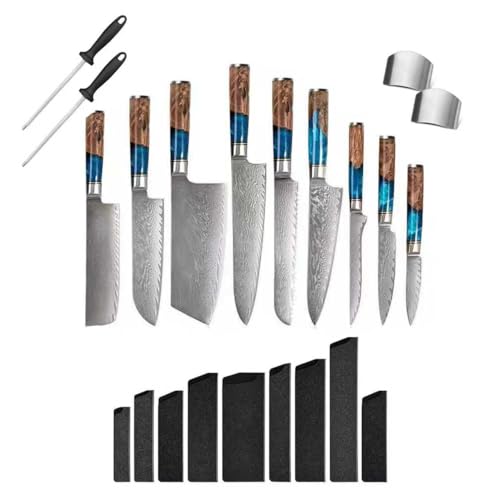 Rexhan 9 Piece 67 Layer Damascus Steel Knife Set, Kitchen Knife Set, Chef Knives, Cooking Knife Gift Set, Japanese Professional Knife, VG10 Damascus, 60+2HRC, 2 Finger Guards, 2 Sharpeners, 9 Sheaths