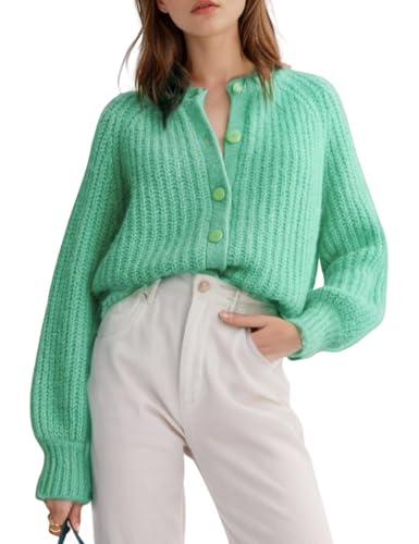 Image of Women's Casual Puff Long Sleeve Crew Neck Cardigan Button Down Open Front Knit Loose Sweater Outwear