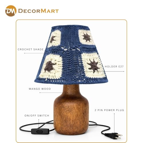 Image of The Decor Mart Crochet Shade Table Lamp with Wooden Base|Sleek Decor Decorative Beside Light for Desk,Bedroom, Living Room, Home Office and Hotel(20x20x30 cm) (Navy Blue)