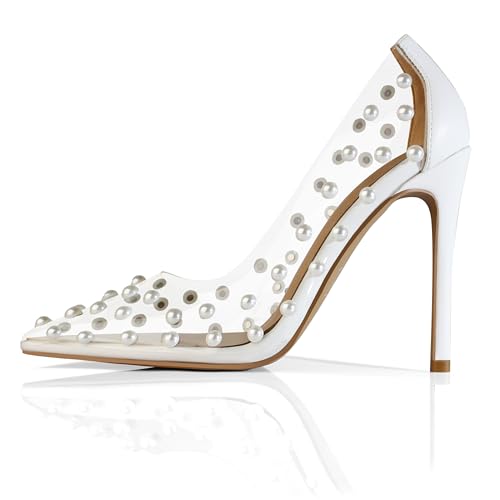 iadore Women's Pumps,11cm Pointed Toe Women High Heel Shoes Fashion Pearl Studded PVC Clear Heels Party Dress Pump Shoes2