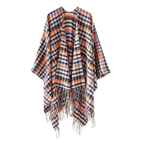 Women's Fashion Buffalo Plaid Wool Fringe Shawl Wrap Winter Warm Cardigan Open Front Poncho Cape Tassels Shawls Coats