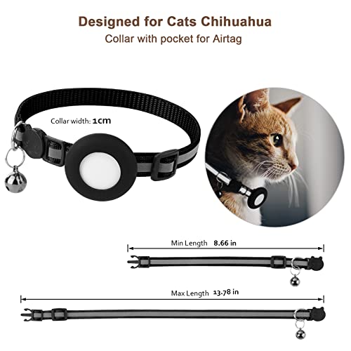 Airtag Cat Collar, Air Tag Cat Collar With Bell And Safety Buckle In 3/8" Width, Reflective Collar With Waterproof Airtag Holder Compatible With Apple Airtag For Cat Dog Kitten Puppy (Black) #TOP1