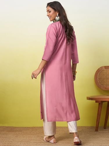 Image of Women's Embroidered Silk Straight Kurta Kurti | Below Knee Kurtas for Women Traditional Indian Wear Outfit Suitable Casual Festive Office Styling