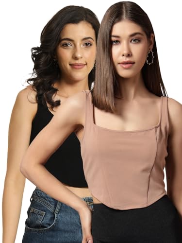 Image of Trend Arrest.ed Women's Stretchable Corset Style Crop Top | Square Neck Sleeveless Zipper Back Body-Hugging Fit | Casual
