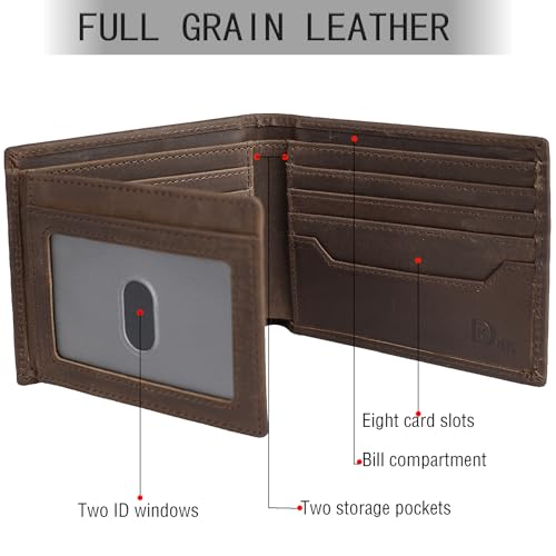 Image of DK86 Leather Bifold Wallet for Men RFID Blocking Full Grain Leather Extra Capacity Multiple Card Slots with 2 ID Windows (Vintage Coffee)