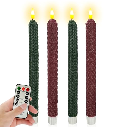 Image of Flameless LED Taper Candles with Remote & Timer - 9.5 inch Red Green Hand Rolled Beeswax Honeycomb Candlesticks Flickering Battery Operated Window Candles for Wedding Mother's Day Home Decor,4 Pack