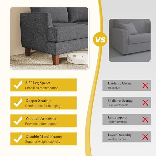 Image of Busaurus 3 Seater Sofa Couch with Deep Seats, 89 inch Mid Century Modern Upholstered Sofa with Armrests, Comfy Couches for Living Room, Bedroom, Apartment and Office (Dark Grey)