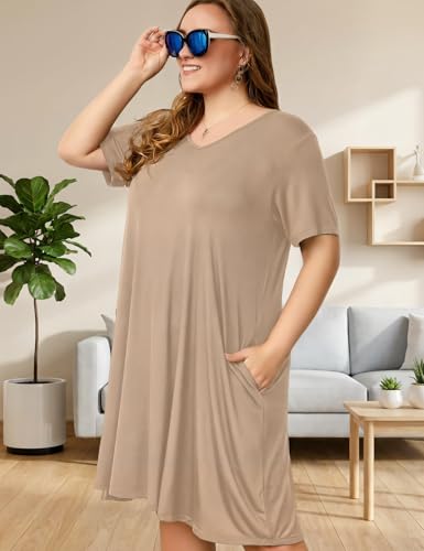Image of OVERWORETY Womens Short Sleeve Plus Size T-Shirt Dress V Neck Casual Loose Swing A-Line Summer Tunic Dresses with Pockets