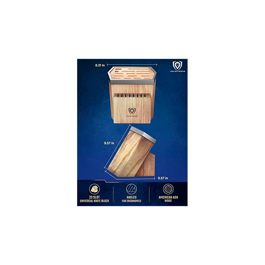 DALSTRONG-Universal-Knife-Block-23-Slots-Premium-American-Ash-Wood-Aluminum-Alloy-Rim-Kitchen-Set-Lion-Head-Logo-Badge-Premium-Craftsmanship-Knife-Set-Angled-For-Ergonomics-Cleans-Easily DALSTRONG Universal Knife Block - 23 Slots - Premium American Ash Wood - Aluminum Alloy Rim Kitchen Set - Lion Head Logo Badge - Premium Craftsmanship Knife Set - Angled For Ergonomics - Cleans Easily