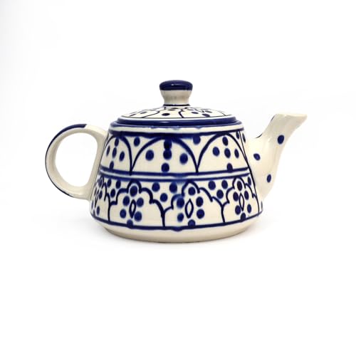 Image of NATRIEL Ceramic Tea Set, Blue Floral Design with Chevron Border, 1L Teapot with 6 Cups, Microwave and Dishwasher Safe (Option-03)