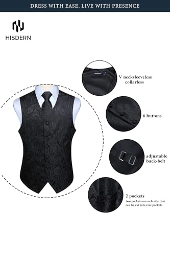 Image of HISDERN Mens Vest Tie Set 3PC Formal Waistcoat Paisley Floral Jacquard Necktie Pocket Square Suit Vests Wedding Party
