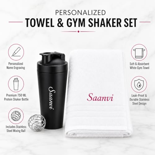 Image of SAVRI Personalized Gifts Customized Stainless Steel Protein Shaker Bottle 750ml with Mixing Ball & White Towel Combo set | Best Gift for Gym Lover, Fitness Lover, Men & Women