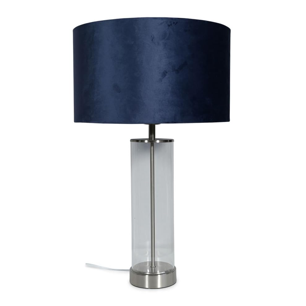 ValueLights | Clear Tube and Brushed Chrome Metal Bedside Table Lamp with a Navy Blue Velvet Shade | Table Lamps, Home Décor & Improvement Essential | Included LED Bulb