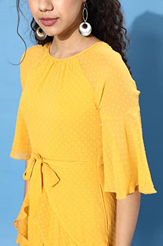 Image of Miss Chase Women's Round Neck Ruffled Sleeve Solid Ruffled Midi Dress